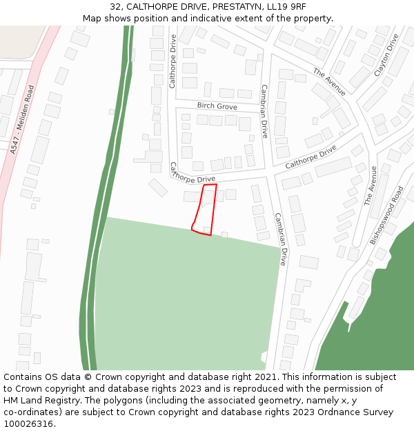 32, CALTHORPE DRIVE, PRESTATYN, LL19 9RF: Location map and indicative extent of plot