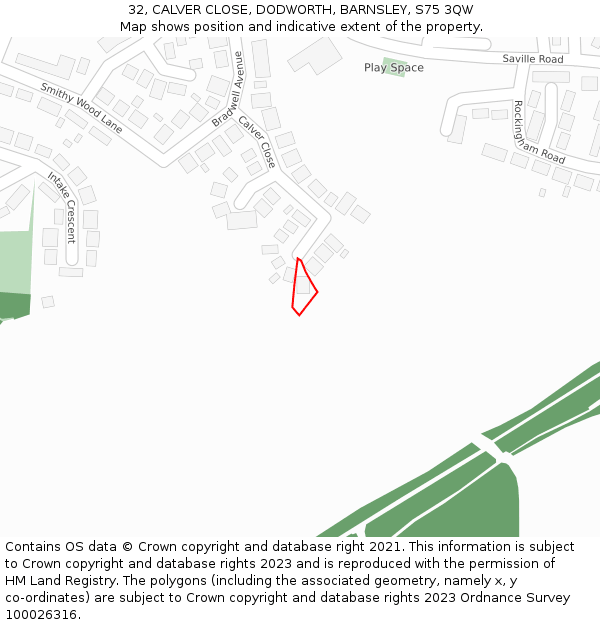 32, CALVER CLOSE, DODWORTH, BARNSLEY, S75 3QW: Location map and indicative extent of plot