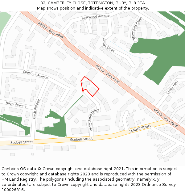 32, CAMBERLEY CLOSE, TOTTINGTON, BURY, BL8 3EA: Location map and indicative extent of plot