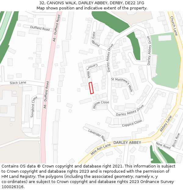 32, CANONS WALK, DARLEY ABBEY, DERBY, DE22 1FG: Location map and indicative extent of plot