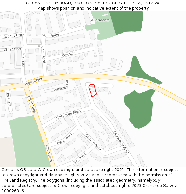 32, CANTERBURY ROAD, BROTTON, SALTBURN-BY-THE-SEA, TS12 2XG: Location map and indicative extent of plot