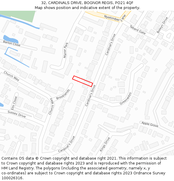 32, CARDINALS DRIVE, BOGNOR REGIS, PO21 4QF: Location map and indicative extent of plot