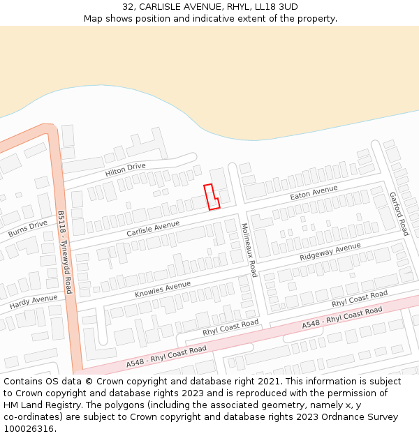 32, CARLISLE AVENUE, RHYL, LL18 3UD: Location map and indicative extent of plot