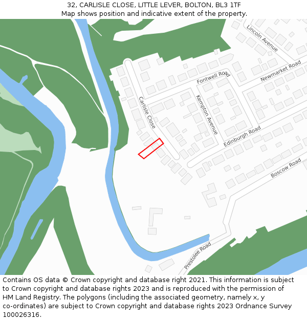 32, CARLISLE CLOSE, LITTLE LEVER, BOLTON, BL3 1TF: Location map and indicative extent of plot