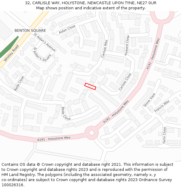 32, CARLISLE WAY, HOLYSTONE, NEWCASTLE UPON TYNE, NE27 0UR: Location map and indicative extent of plot