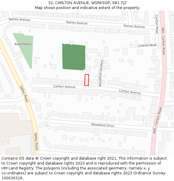 32, CARLTON AVENUE, WORKSOP, S81 7JZ: Location map and indicative extent of plot