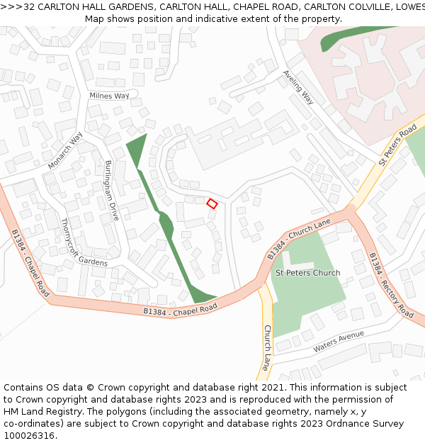 32 CARLTON HALL GARDENS, CARLTON HALL, CHAPEL ROAD, CARLTON COLVILLE, LOWESTOFT, NR33 8BL: Location map and indicative extent of plot