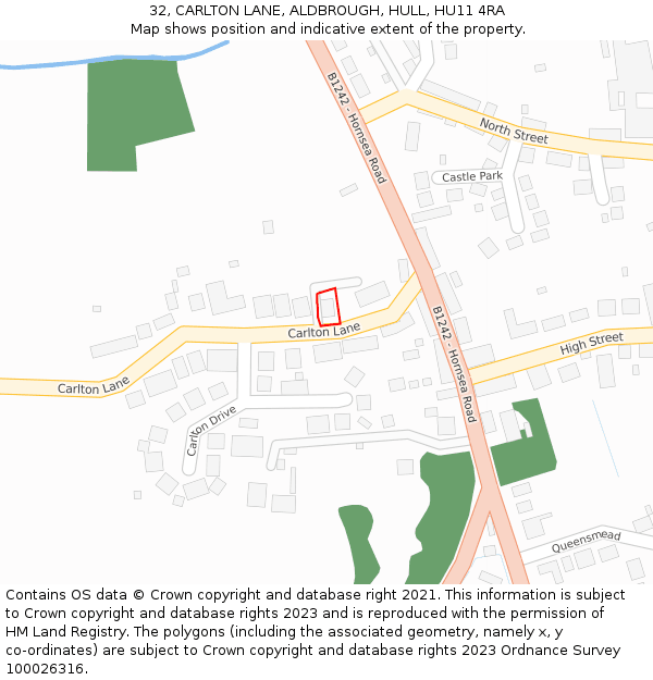 32, CARLTON LANE, ALDBROUGH, HULL, HU11 4RA: Location map and indicative extent of plot