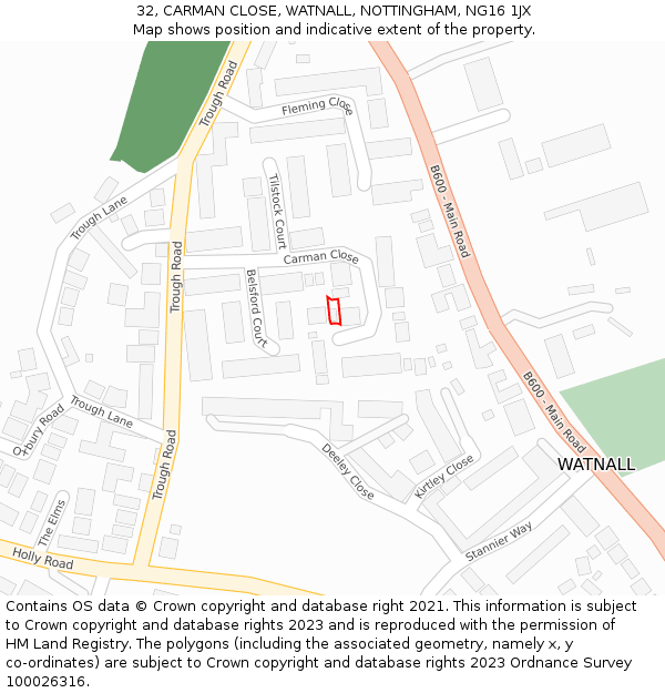 32, CARMAN CLOSE, WATNALL, NOTTINGHAM, NG16 1JX: Location map and indicative extent of plot