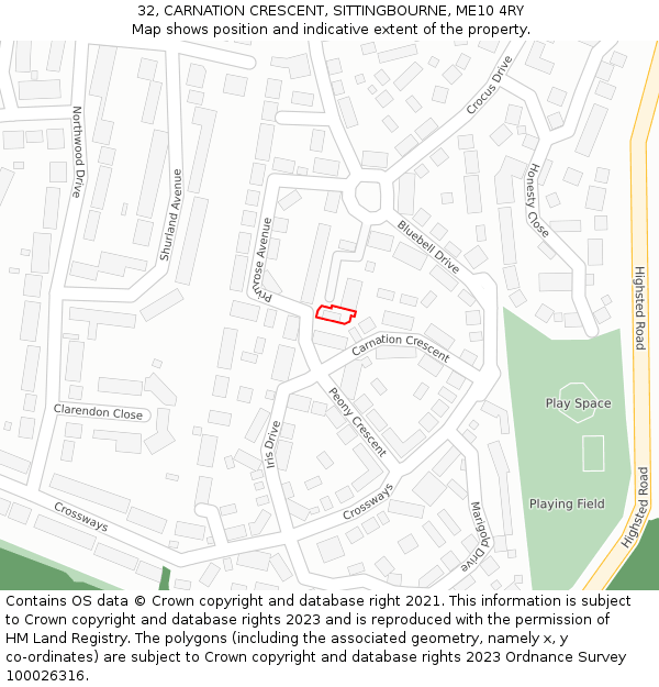 32, CARNATION CRESCENT, SITTINGBOURNE, ME10 4RY: Location map and indicative extent of plot