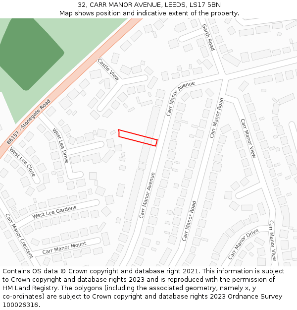 32, CARR MANOR AVENUE, LEEDS, LS17 5BN: Location map and indicative extent of plot