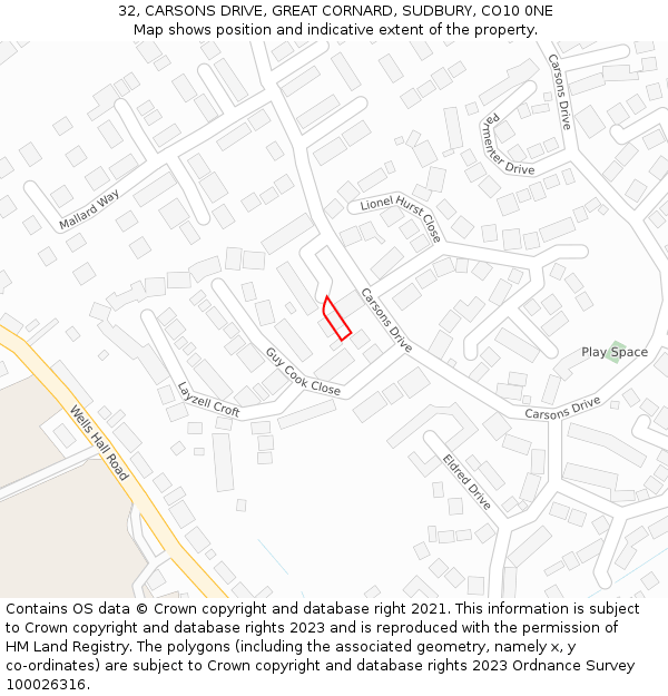 32, CARSONS DRIVE, GREAT CORNARD, SUDBURY, CO10 0NE: Location map and indicative extent of plot