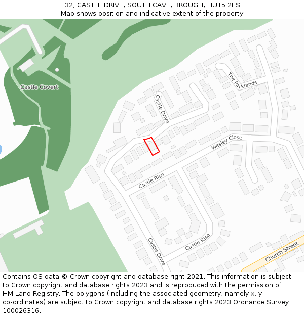 32, CASTLE DRIVE, SOUTH CAVE, BROUGH, HU15 2ES: Location map and indicative extent of plot