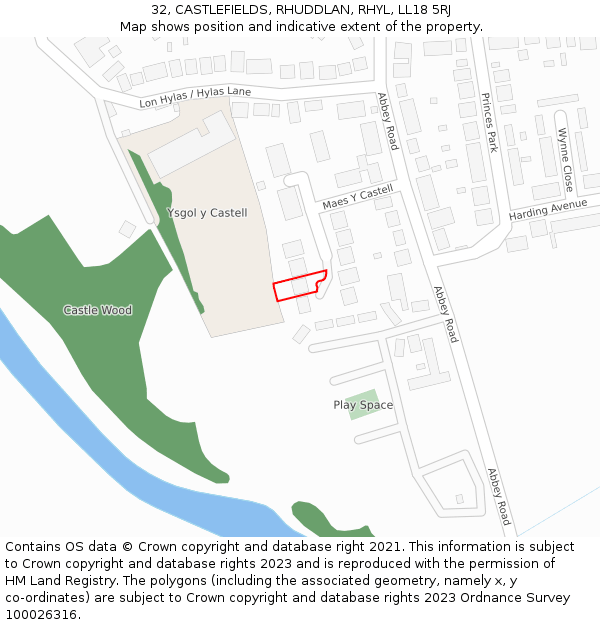 32, CASTLEFIELDS, RHUDDLAN, RHYL, LL18 5RJ: Location map and indicative extent of plot
