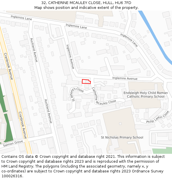 32, CATHERINE MCAULEY CLOSE, HULL, HU6 7FD: Location map and indicative extent of plot
