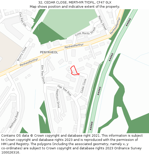 32, CEDAR CLOSE, MERTHYR TYDFIL, CF47 0LX: Location map and indicative extent of plot