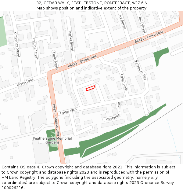 32, CEDAR WALK, FEATHERSTONE, PONTEFRACT, WF7 6JN: Location map and indicative extent of plot