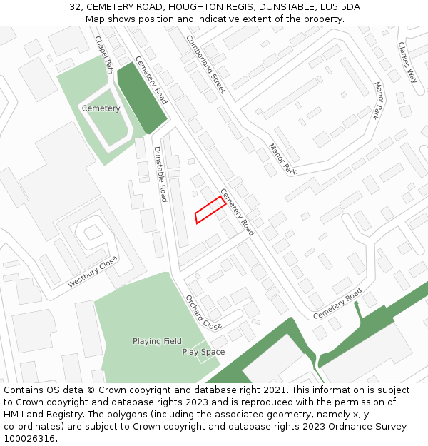 32, CEMETERY ROAD, HOUGHTON REGIS, DUNSTABLE, LU5 5DA: Location map and indicative extent of plot