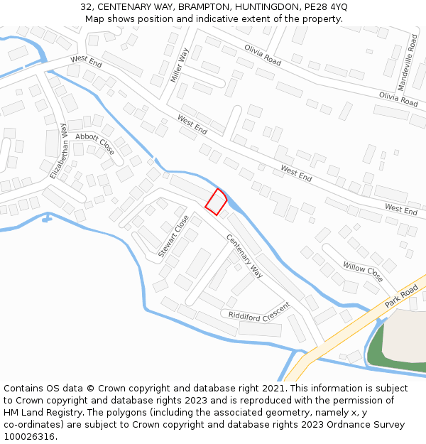 32, CENTENARY WAY, BRAMPTON, HUNTINGDON, PE28 4YQ: Location map and indicative extent of plot