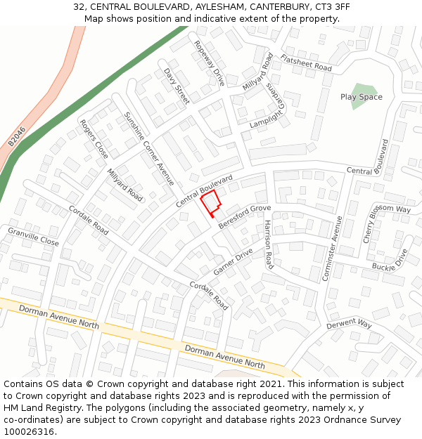 32, CENTRAL BOULEVARD, AYLESHAM, CANTERBURY, CT3 3FF: Location map and indicative extent of plot