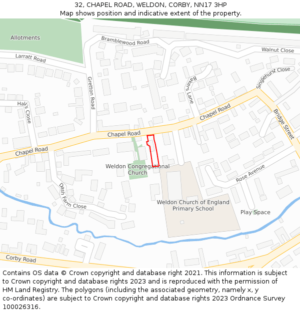 32, CHAPEL ROAD, WELDON, CORBY, NN17 3HP: Location map and indicative extent of plot