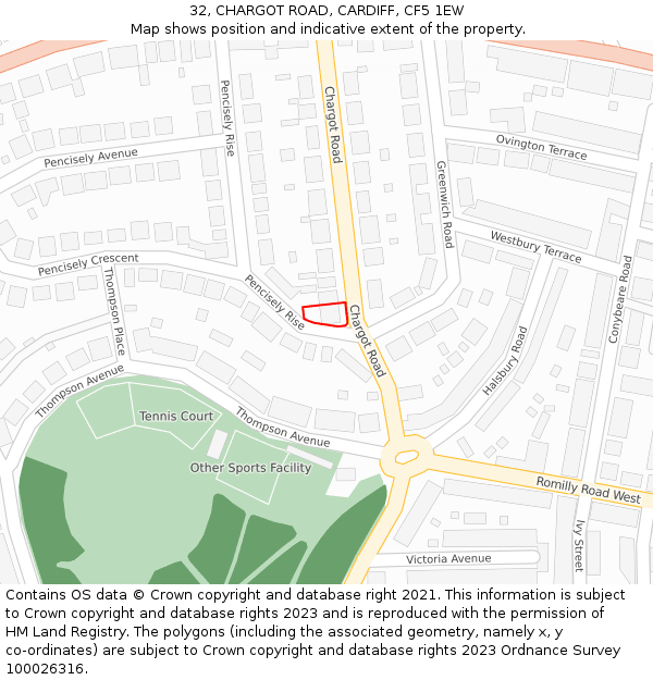 32, CHARGOT ROAD, CARDIFF, CF5 1EW: Location map and indicative extent of plot