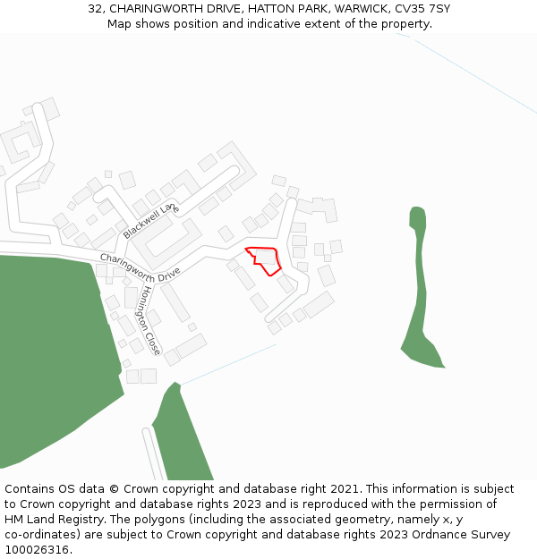 32, CHARINGWORTH DRIVE, HATTON PARK, WARWICK, CV35 7SY: Location map and indicative extent of plot