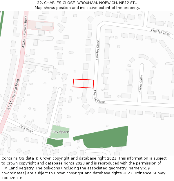 32, CHARLES CLOSE, WROXHAM, NORWICH, NR12 8TU: Location map and indicative extent of plot