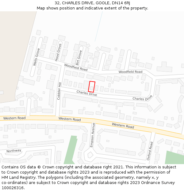 32, CHARLES DRIVE, GOOLE, DN14 6RJ: Location map and indicative extent of plot