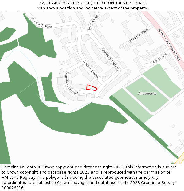 32, CHAROLAIS CRESCENT, STOKE-ON-TRENT, ST3 4TE: Location map and indicative extent of plot