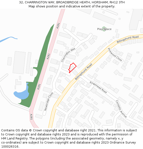 32, CHARRINGTON WAY, BROADBRIDGE HEATH, HORSHAM, RH12 3TH: Location map and indicative extent of plot