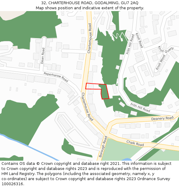 32, CHARTERHOUSE ROAD, GODALMING, GU7 2AQ: Location map and indicative extent of plot