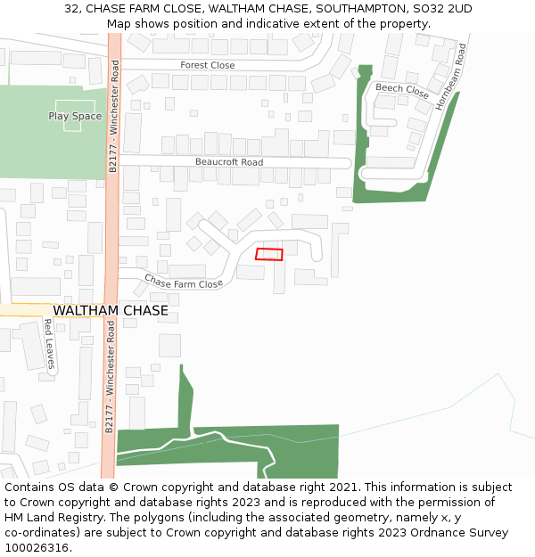 32, CHASE FARM CLOSE, WALTHAM CHASE, SOUTHAMPTON, SO32 2UD: Location map and indicative extent of plot