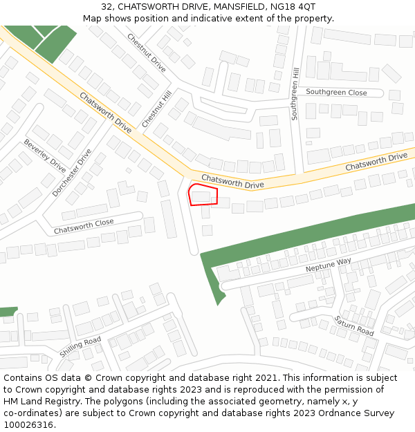 32, CHATSWORTH DRIVE, MANSFIELD, NG18 4QT: Location map and indicative extent of plot