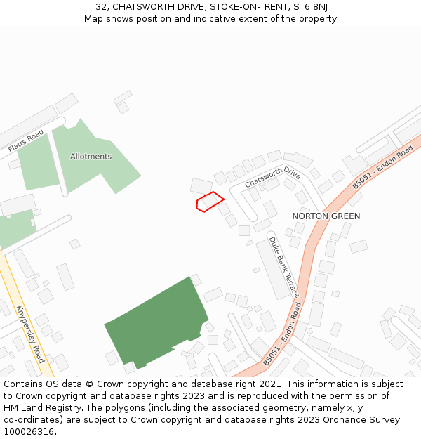 32, CHATSWORTH DRIVE, STOKE-ON-TRENT, ST6 8NJ: Location map and indicative extent of plot