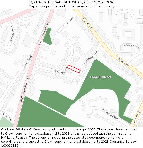 32, CHAWORTH ROAD, OTTERSHAW, CHERTSEY, KT16 0PF: Location map and indicative extent of plot