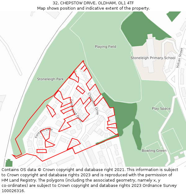 32, CHEPSTOW DRIVE, OLDHAM, OL1 4TF: Location map and indicative extent of plot