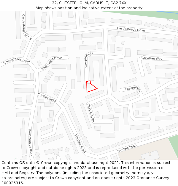 32, CHESTERHOLM, CARLISLE, CA2 7XX: Location map and indicative extent of plot