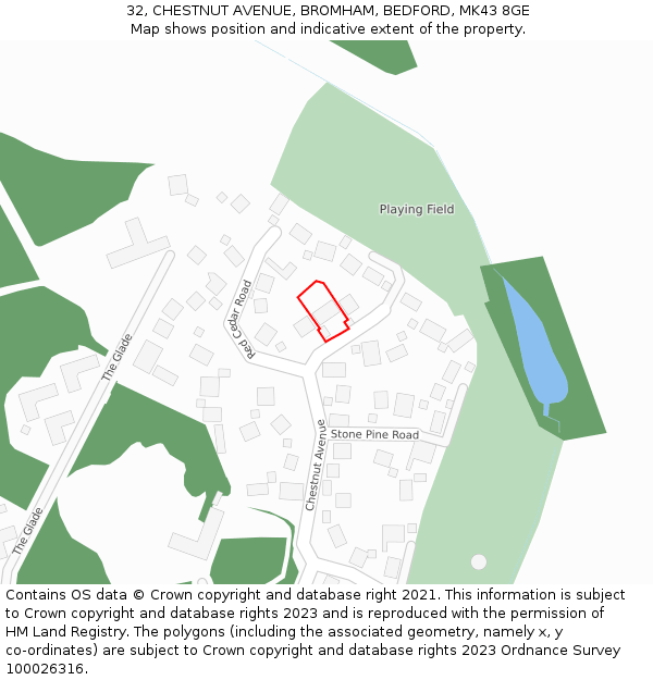 32, CHESTNUT AVENUE, BROMHAM, BEDFORD, MK43 8GE: Location map and indicative extent of plot