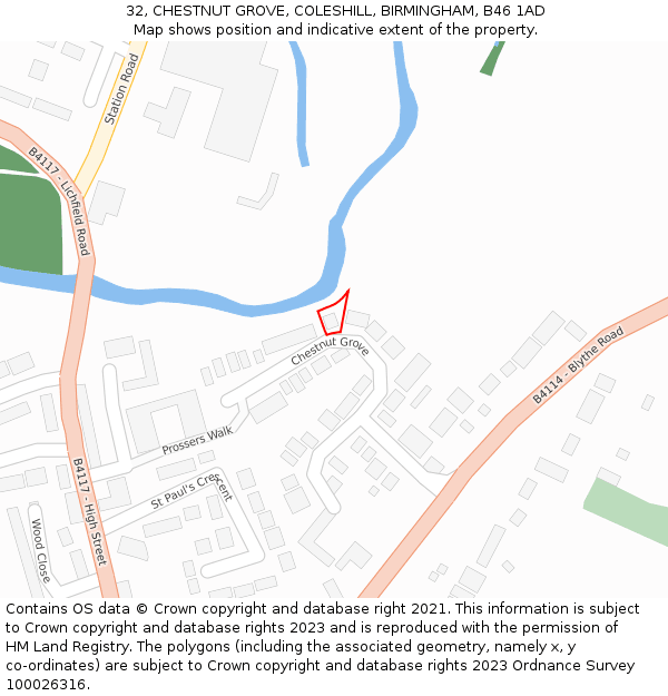 32, CHESTNUT GROVE, COLESHILL, BIRMINGHAM, B46 1AD: Location map and indicative extent of plot