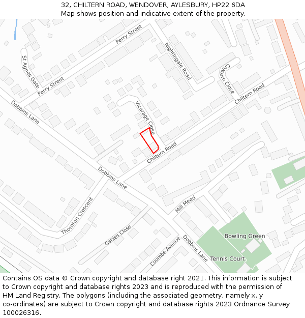32, CHILTERN ROAD, WENDOVER, AYLESBURY, HP22 6DA: Location map and indicative extent of plot