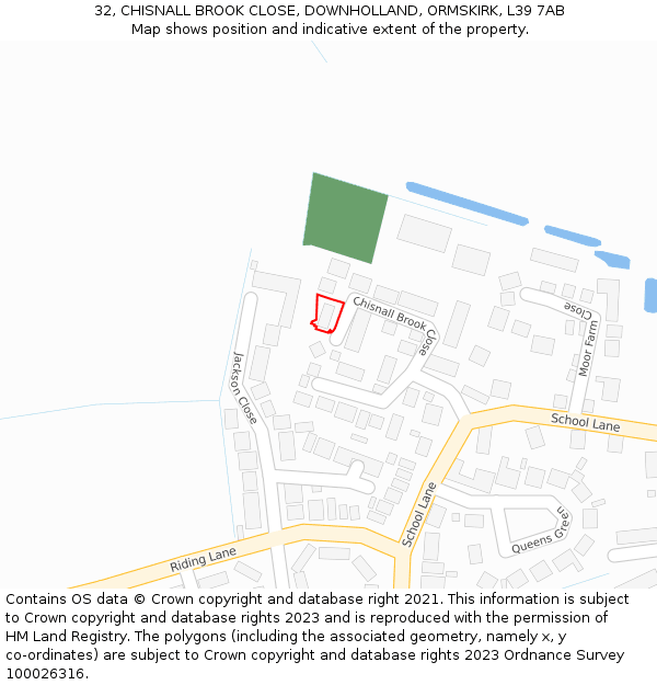 32, CHISNALL BROOK CLOSE, DOWNHOLLAND, ORMSKIRK, L39 7AB: Location map and indicative extent of plot