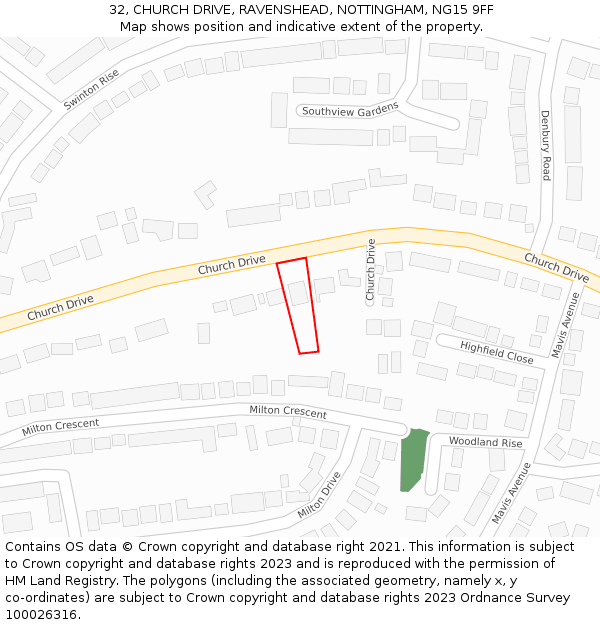 32, CHURCH DRIVE, RAVENSHEAD, NOTTINGHAM, NG15 9FF: Location map and indicative extent of plot