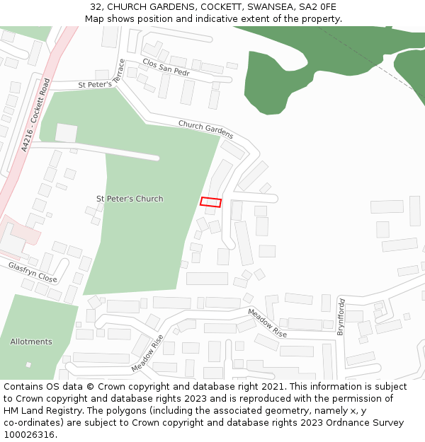 32, CHURCH GARDENS, COCKETT, SWANSEA, SA2 0FE: Location map and indicative extent of plot