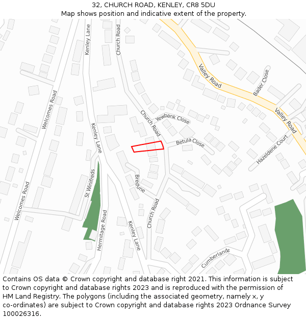 32, CHURCH ROAD, KENLEY, CR8 5DU: Location map and indicative extent of plot