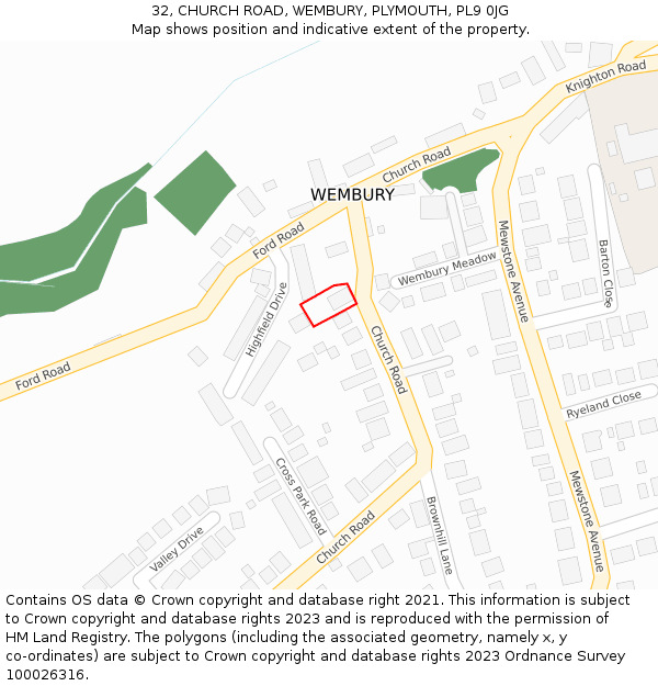 32, CHURCH ROAD, WEMBURY, PLYMOUTH, PL9 0JG: Location map and indicative extent of plot