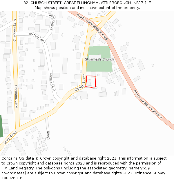 32, CHURCH STREET, GREAT ELLINGHAM, ATTLEBOROUGH, NR17 1LE: Location map and indicative extent of plot