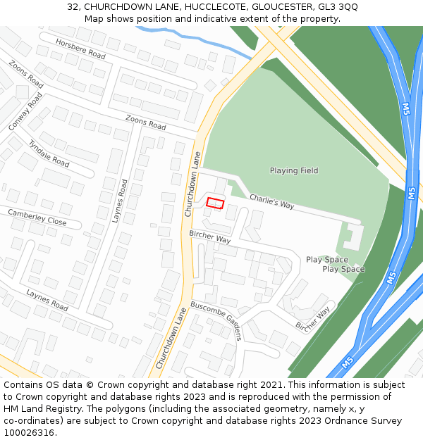 32, CHURCHDOWN LANE, HUCCLECOTE, GLOUCESTER, GL3 3QQ: Location map and indicative extent of plot