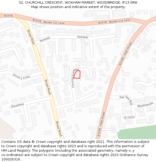 32, CHURCHILL CRESCENT, WICKHAM MARKET, WOODBRIDGE, IP13 0RW: Location map and indicative extent of plot
