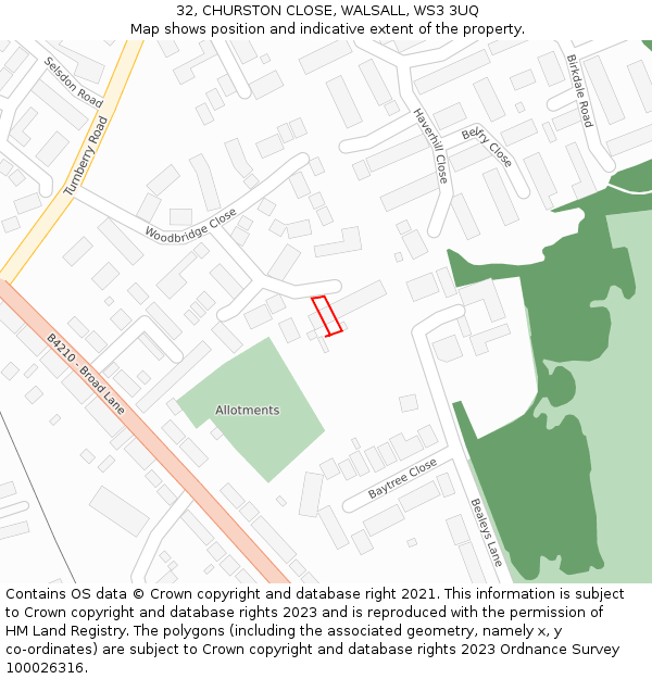 32, CHURSTON CLOSE, WALSALL, WS3 3UQ: Location map and indicative extent of plot